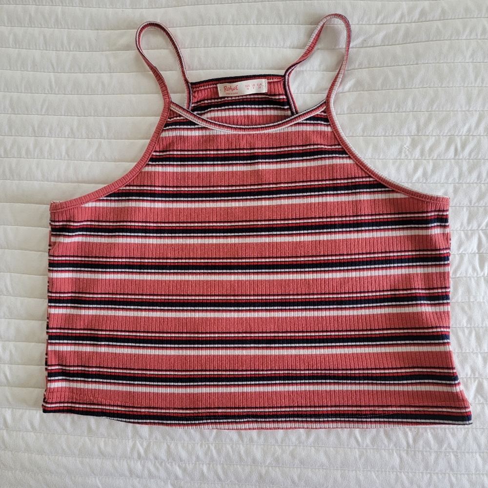 Romwe Rib-Knit Crop Spaghetti Strap Striped Multicolor Tank in Medium